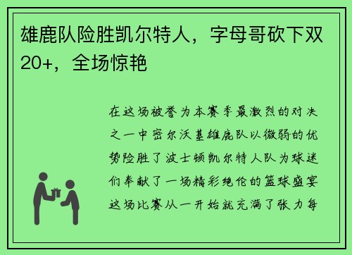 雄鹿队险胜凯尔特人，字母哥砍下双20+，全场惊艳