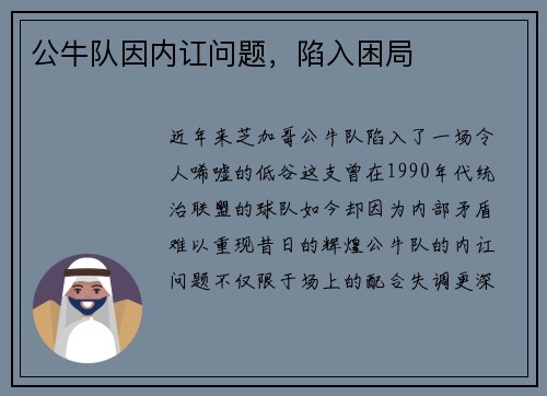 公牛队因内讧问题，陷入困局